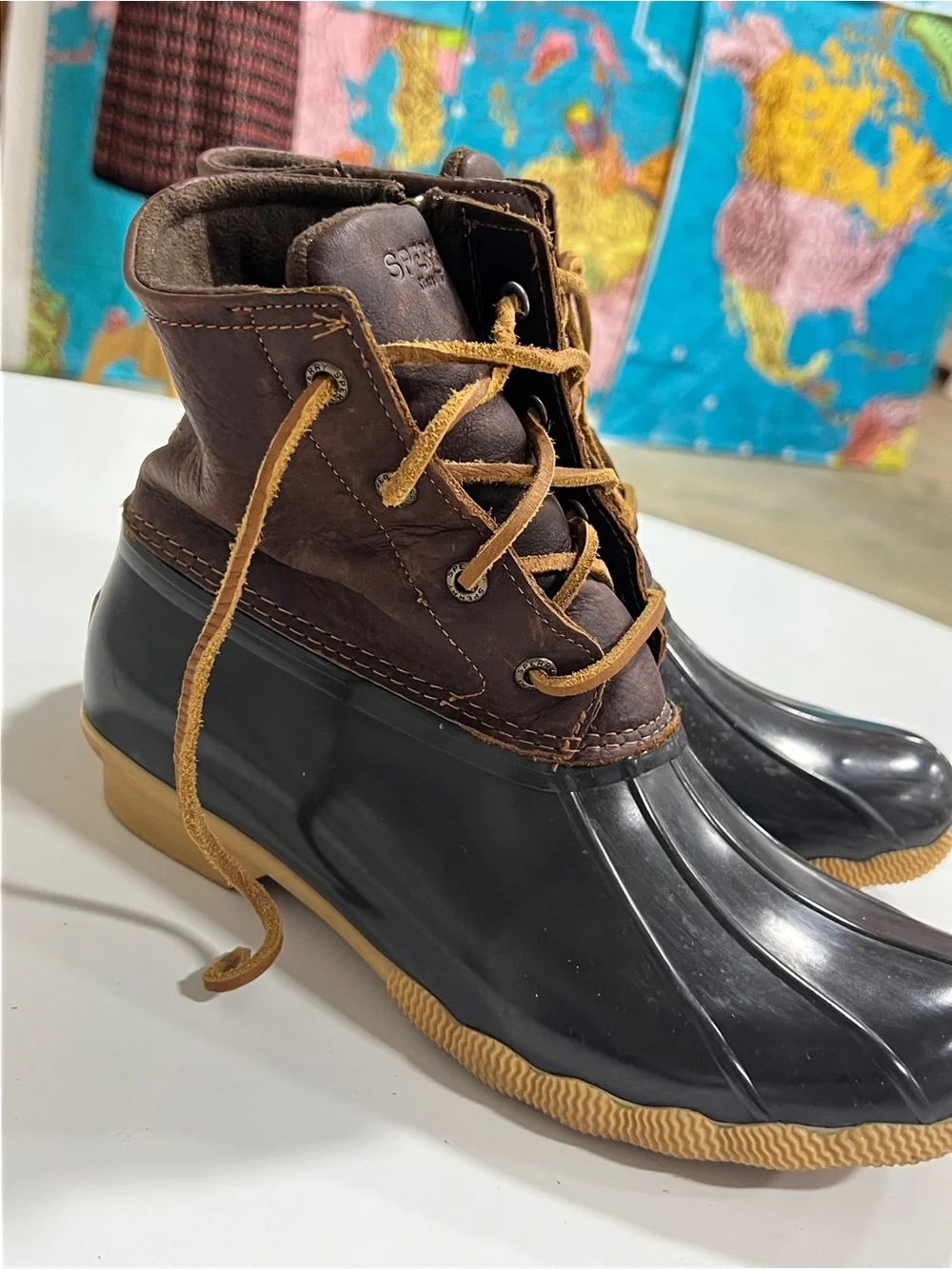 Sperry Womens Brown Leather Rubber Duck Boots with Tan Laces